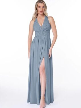 Azazie Slate Blue Twist-Front Halter Maxi Dress